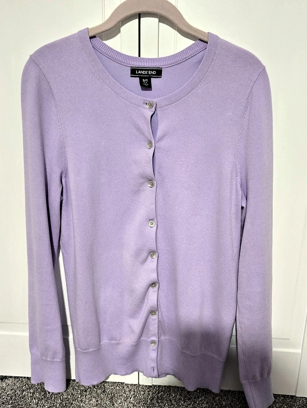 Lands' End Cotton Modal Crewneck Cardigan Sweater Purple Small/tall
